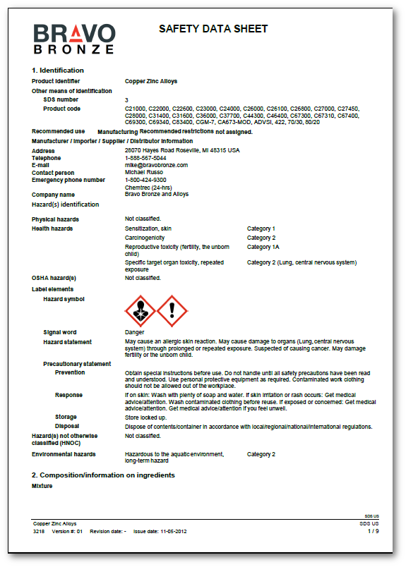 Msds Copper Zinc Alloys